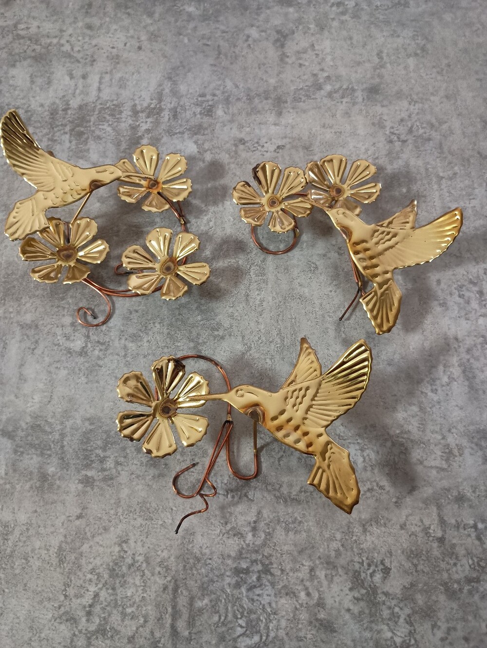 Home Interiors Gold Hummingbird & Flower Metal Wall Hooks - Set of 3